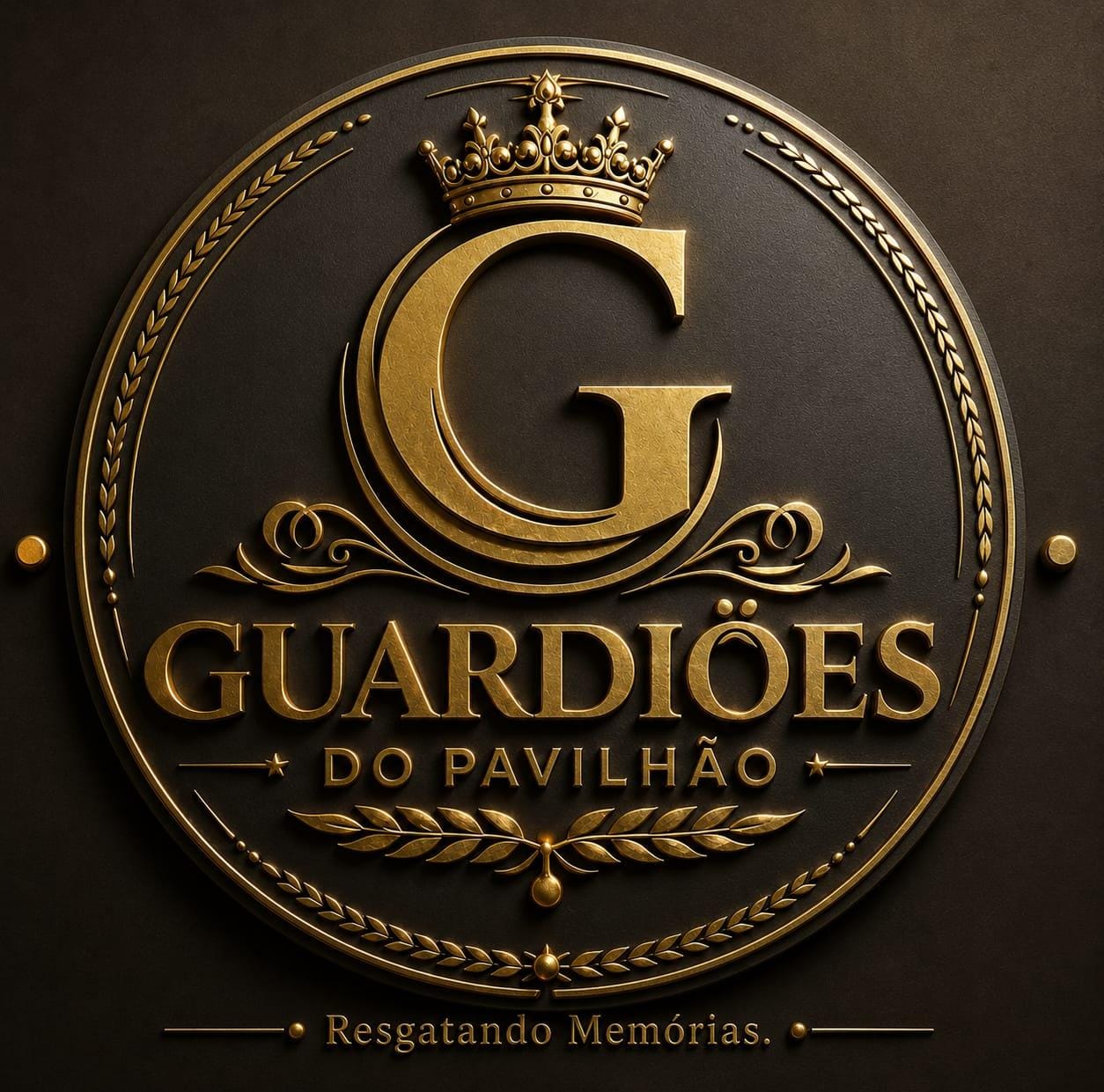 Selo dourado Guardiões do Pavilhão com a inscrição Resgatando Memórias